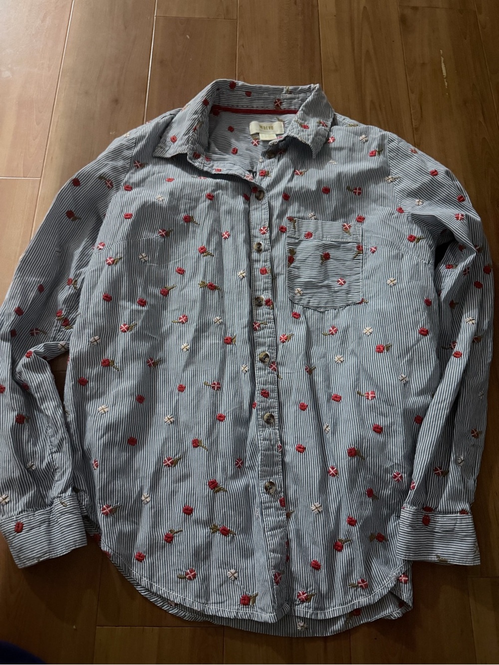 Maeve Blue Pinstripe Button-Down Shirt with Red Embroidered Flowers